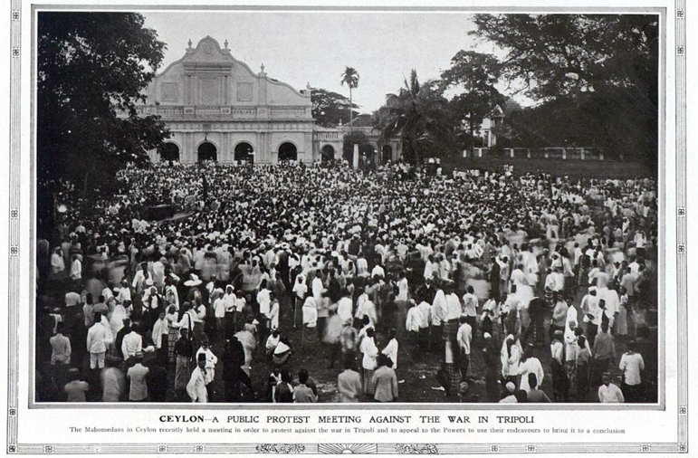 Ceylon Muslims protests against the war in Tripoli in front of the Maradana mosque in Colombo 1911. The Sphere, 23rd December 1911, p. 283